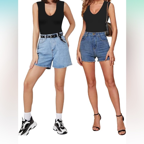 Double lined sleeveless sexy V neck tank tops fashion bodysuits in black size XS - Picture 3 of 10